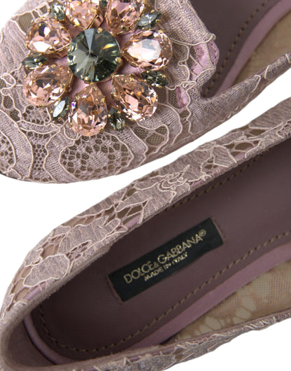 Dolce & Gabbana Pink Lace Crystal Ballet Flats Loafers Shoes