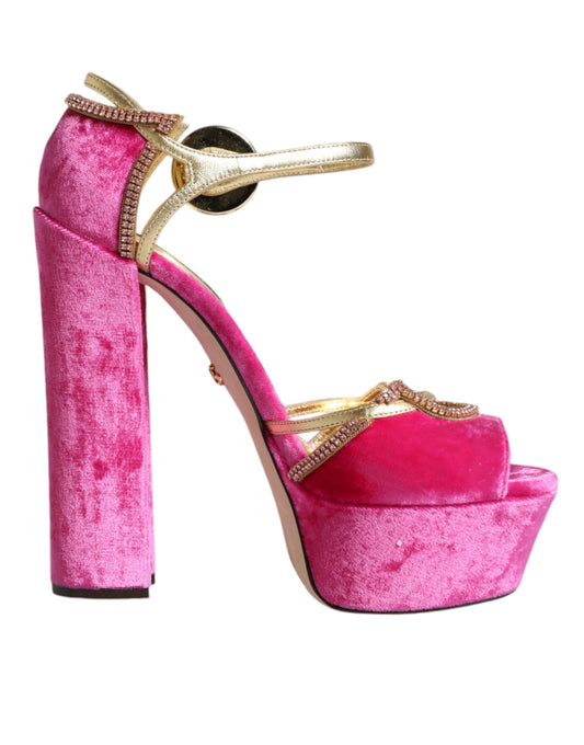 Dolce & Gabbana Pink Velvet Platform Ankle Strap Heel Sandals Shoes