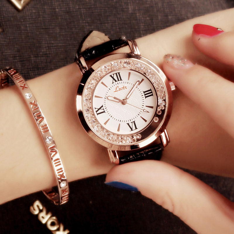 Flowing rhinestone watch, leather