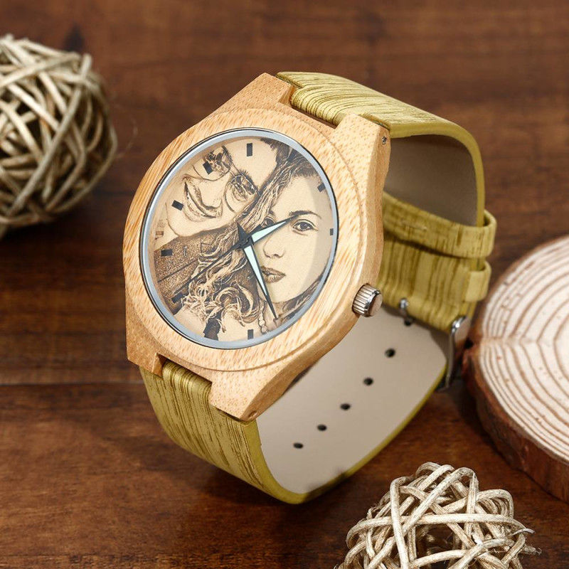 Bamboo watch engraved with leather and wood 40mm