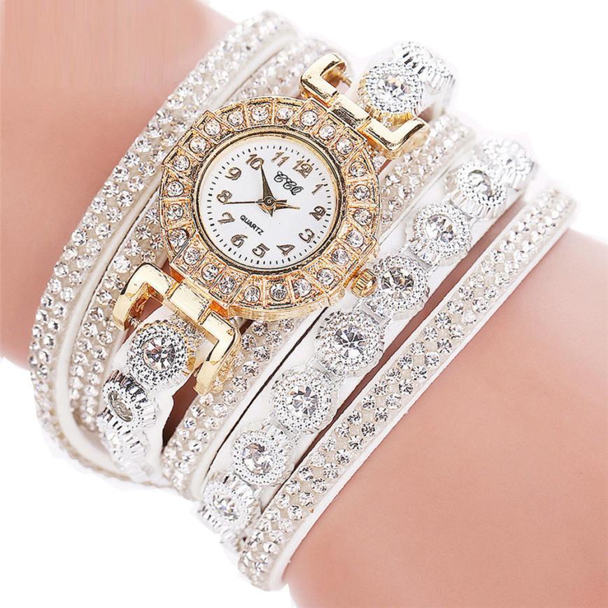 Quartz watch Rhinestone and leather bracelet