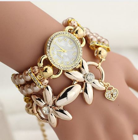 Luxury pearl bracelet elegant flowers quartz rhinestones