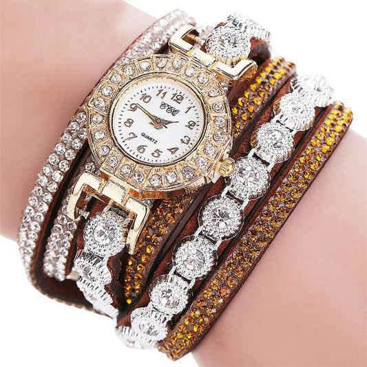 Quartz watch Rhinestone and leather bracelet