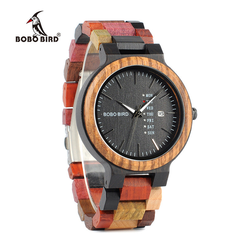 Popo – Quartz Wooden Watch with Day and Date Display,