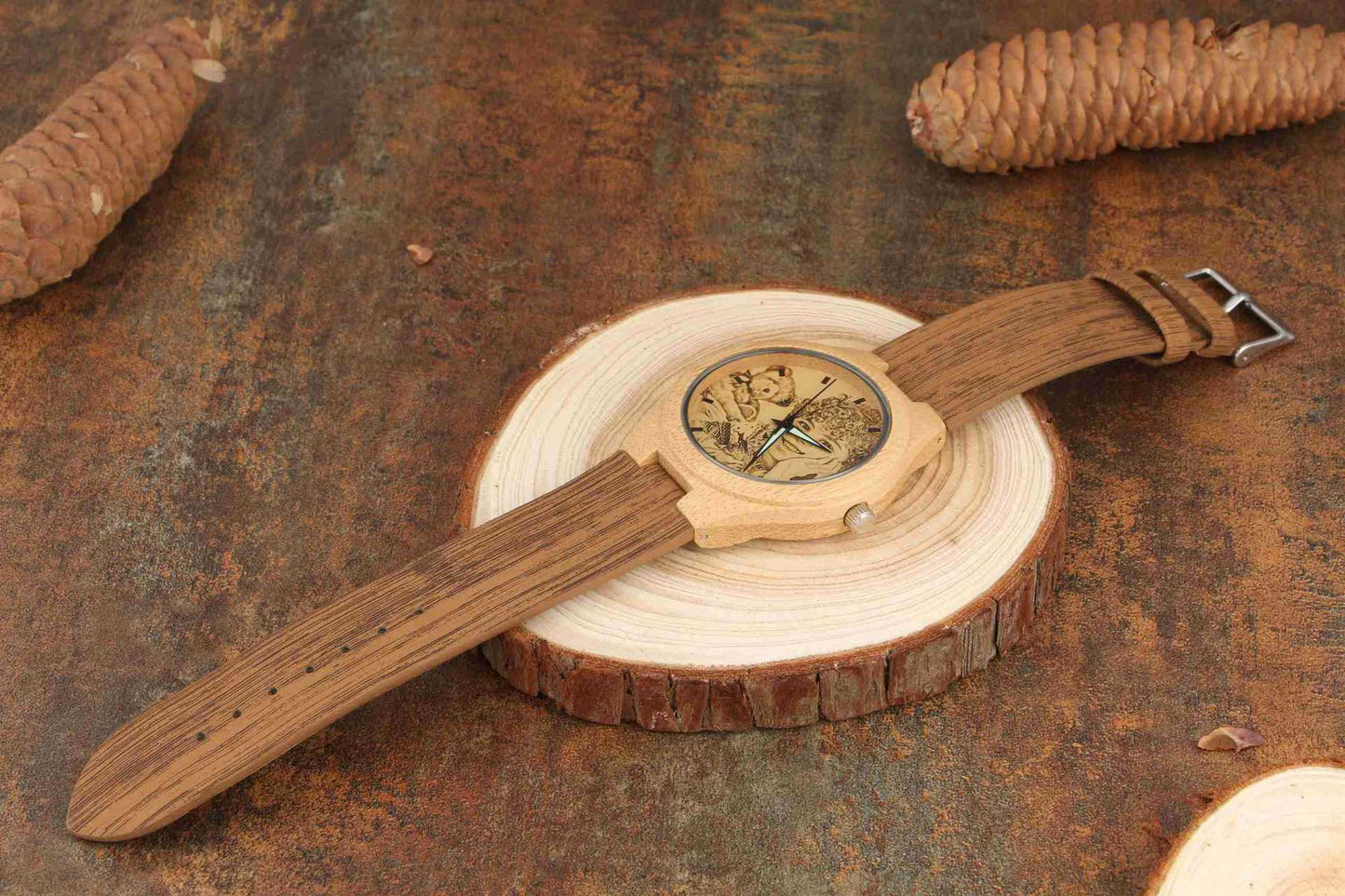 Bamboo watch engraved with leather and wood 40mm