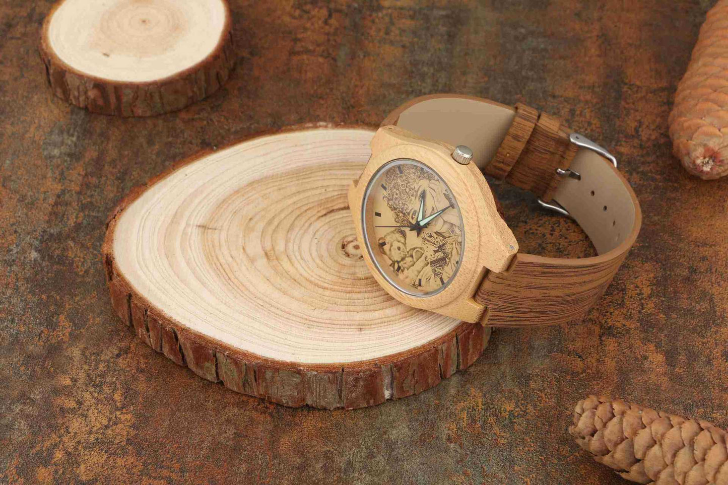 Bamboo watch engraved with leather and wood 40mm