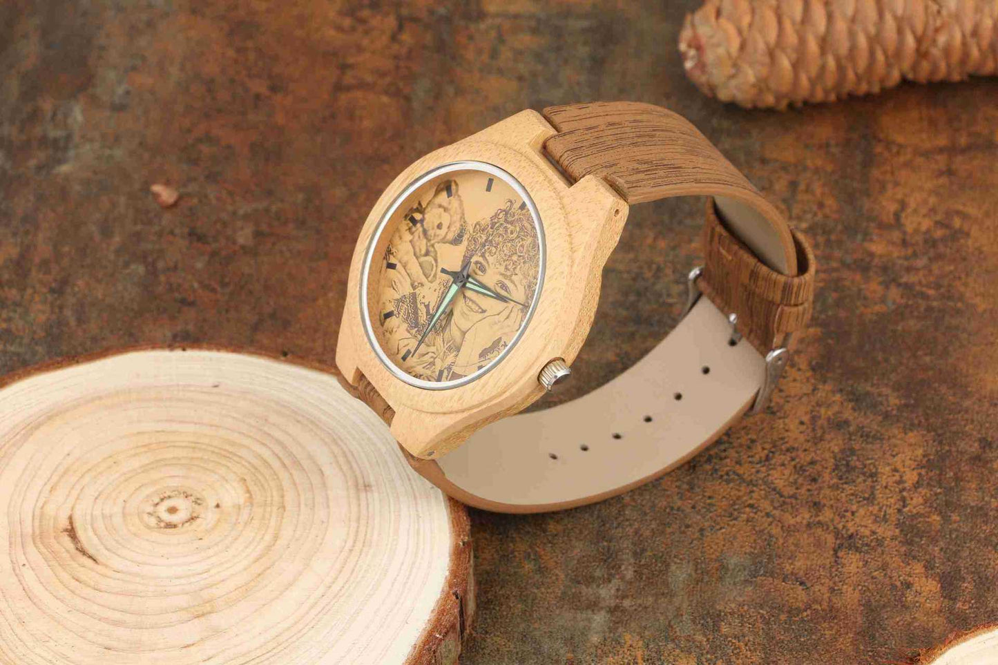 Bamboo watch engraved with leather and wood 40mm