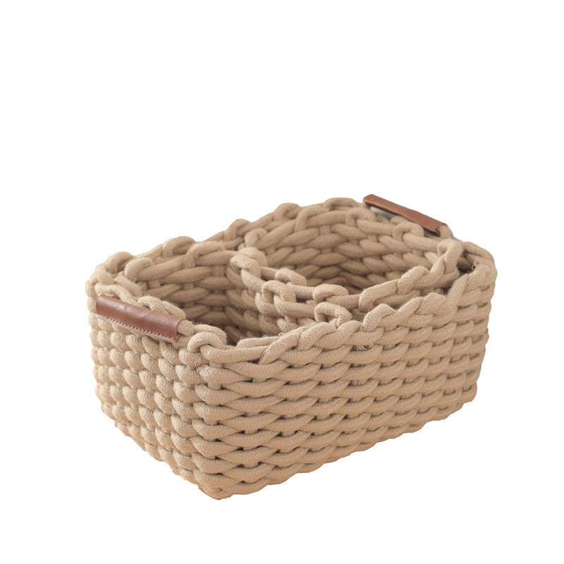 Woven cotton rope storage basket with handle