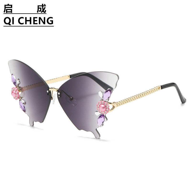 Trimmed Butterfly Shaped Sunglasses Diamond-studded Bright Colourful Hipster