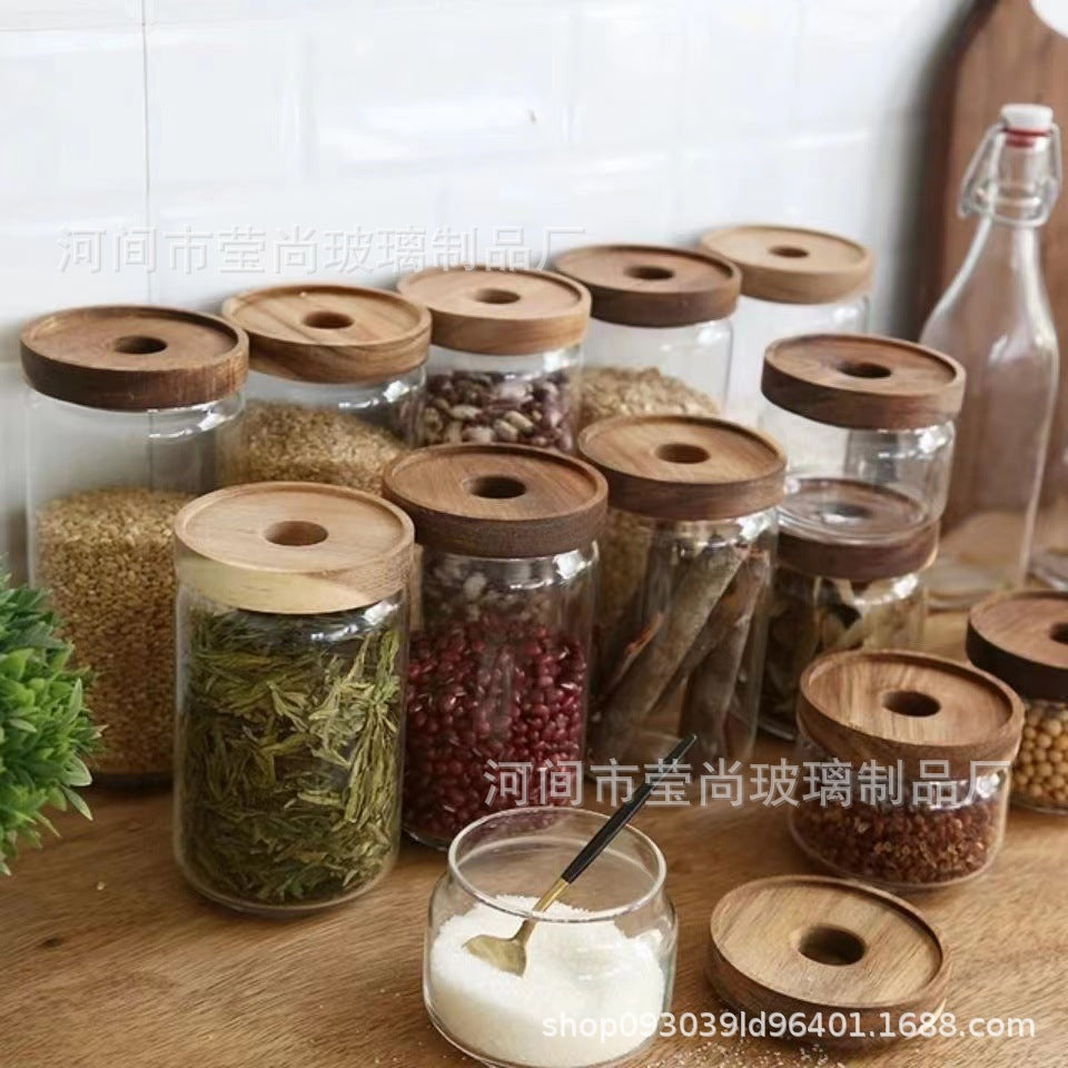 Clear tea tin with acacia wood lid, kitchen storage tank.