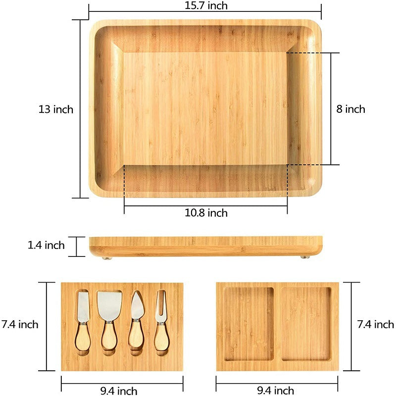 Natural bamboo cheese board with four knives