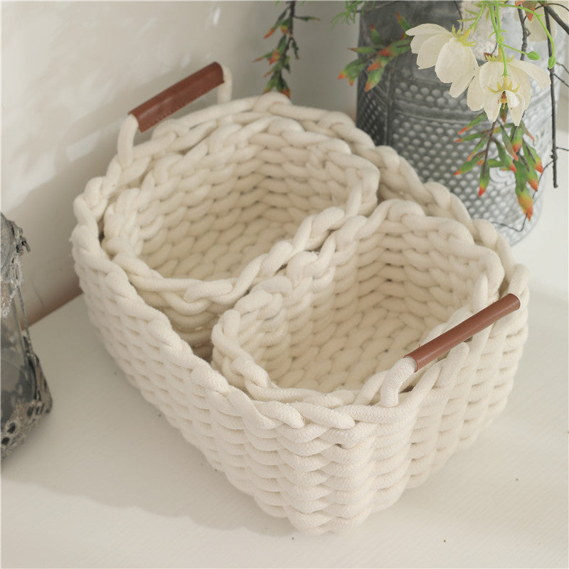 Woven cotton rope storage basket with handle