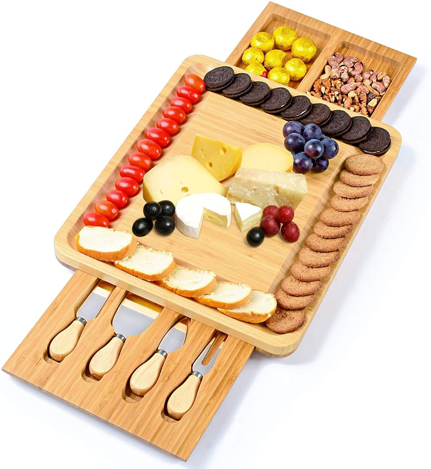 Natural bamboo cheese board with four knives