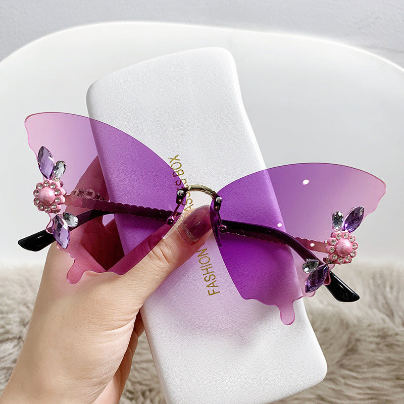 Trimmed Butterfly Shaped Sunglasses Diamond-studded Bright Colourful Hipster