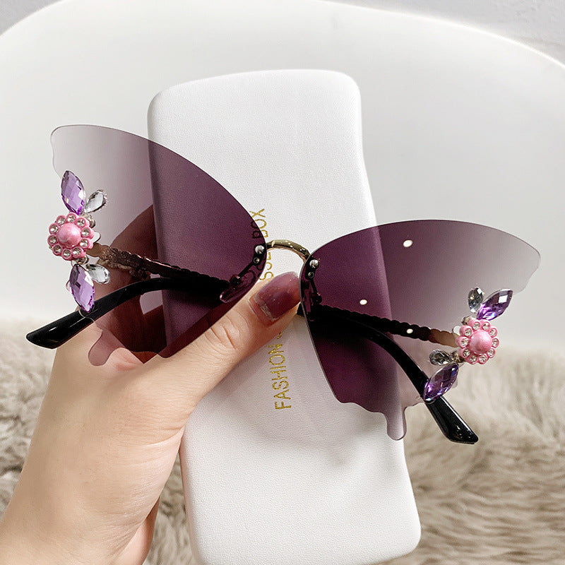 Trimmed Butterfly Shaped Sunglasses Diamond-studded Bright Colourful Hipster