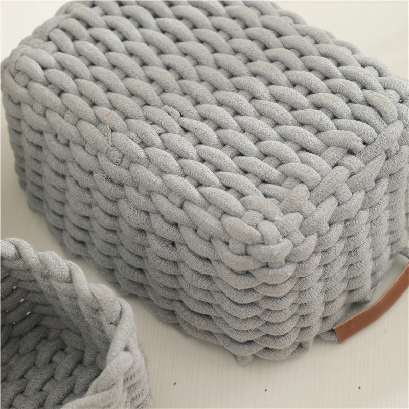 Woven cotton rope storage basket with handle