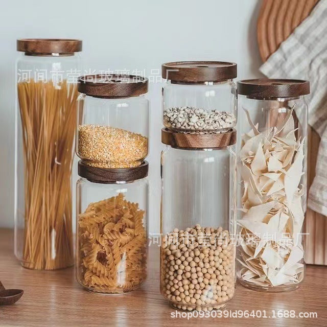 Clear tea tin with acacia wood lid, kitchen storage tank.