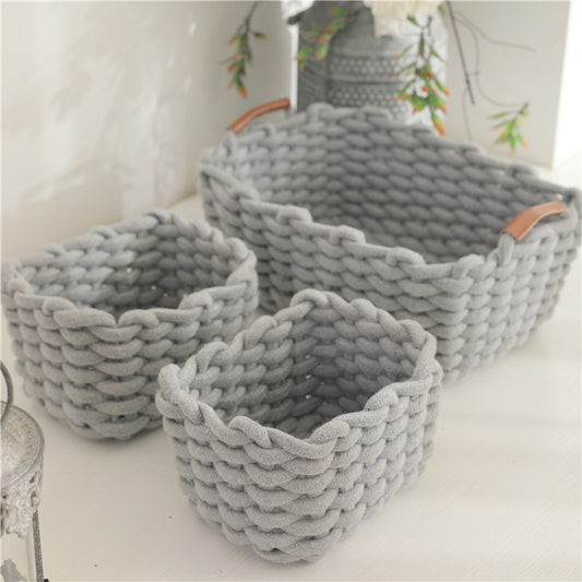 Woven cotton rope storage basket with handle