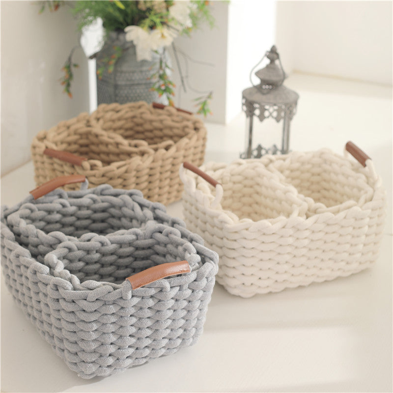 Woven cotton rope storage basket with handle