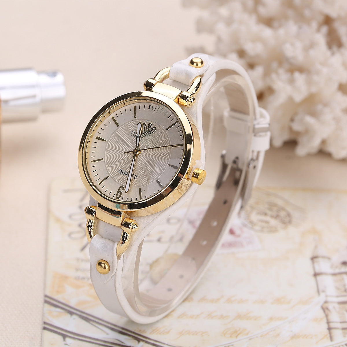 Quartz watch with thin leather strap, solid color,