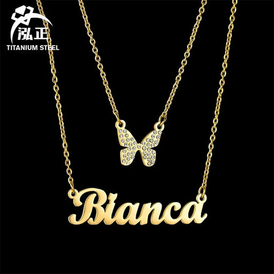 Double Layer Necklace with Stainless Steel Butterfly Name