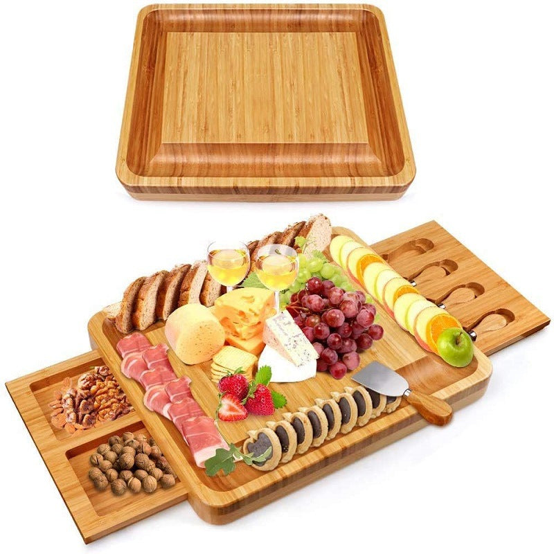 Natural bamboo cheese board with four knives