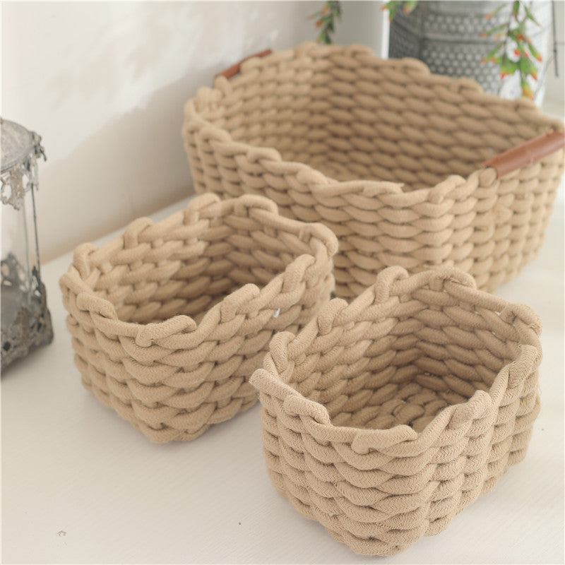 Woven cotton rope storage basket with handle