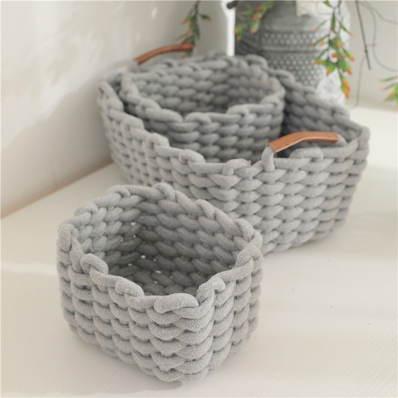 Woven cotton rope storage basket with handle