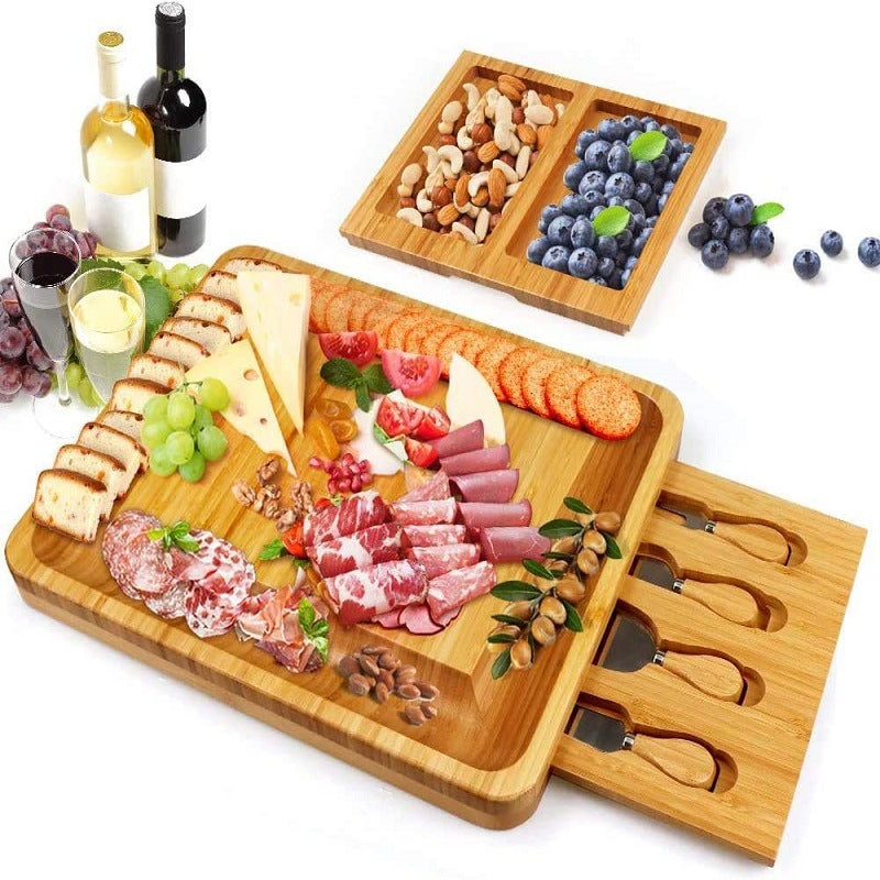 Natural bamboo cheese board with four knives