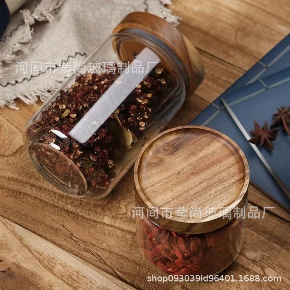 Clear tea tin with acacia wood lid, kitchen storage tank.