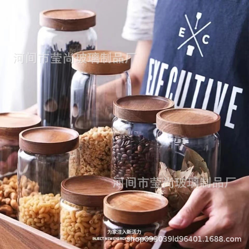 Clear tea tin with acacia wood lid, kitchen storage tank.