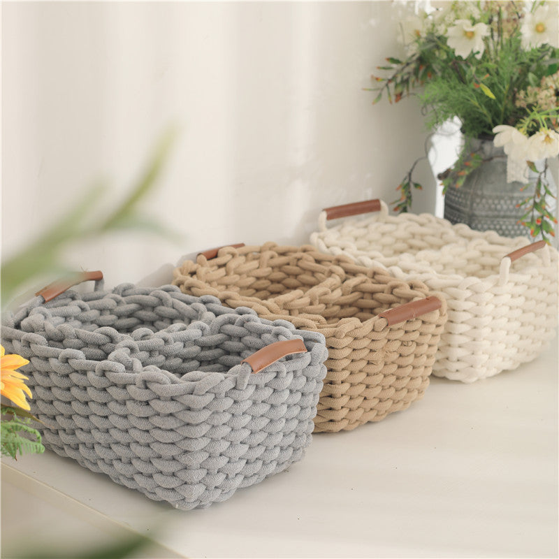 Woven cotton rope storage basket with handle