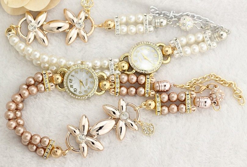 Luxury pearl bracelet elegant flowers quartz rhinestones