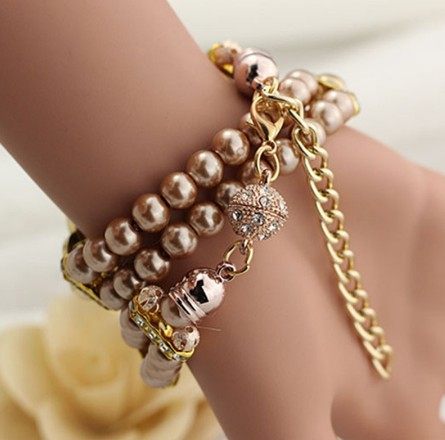 Luxury pearl bracelet elegant flowers quartz rhinestones