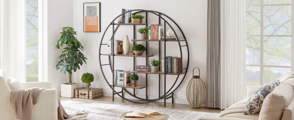 Round 5-Tier Metal Plant Stand bookcase storage rack, Indoor Living Room Terrace Garden Balcony Display Stand. Rustic Brown, 67 W x 11.8 D x 67H.