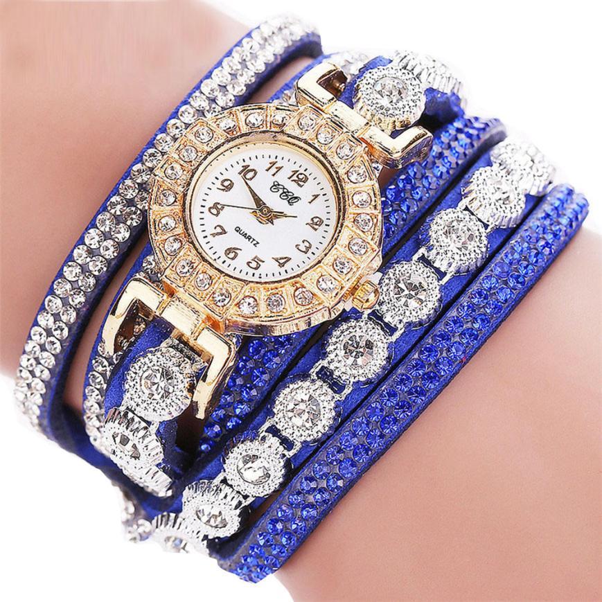 Quartz watch Rhinestone and leather bracelet