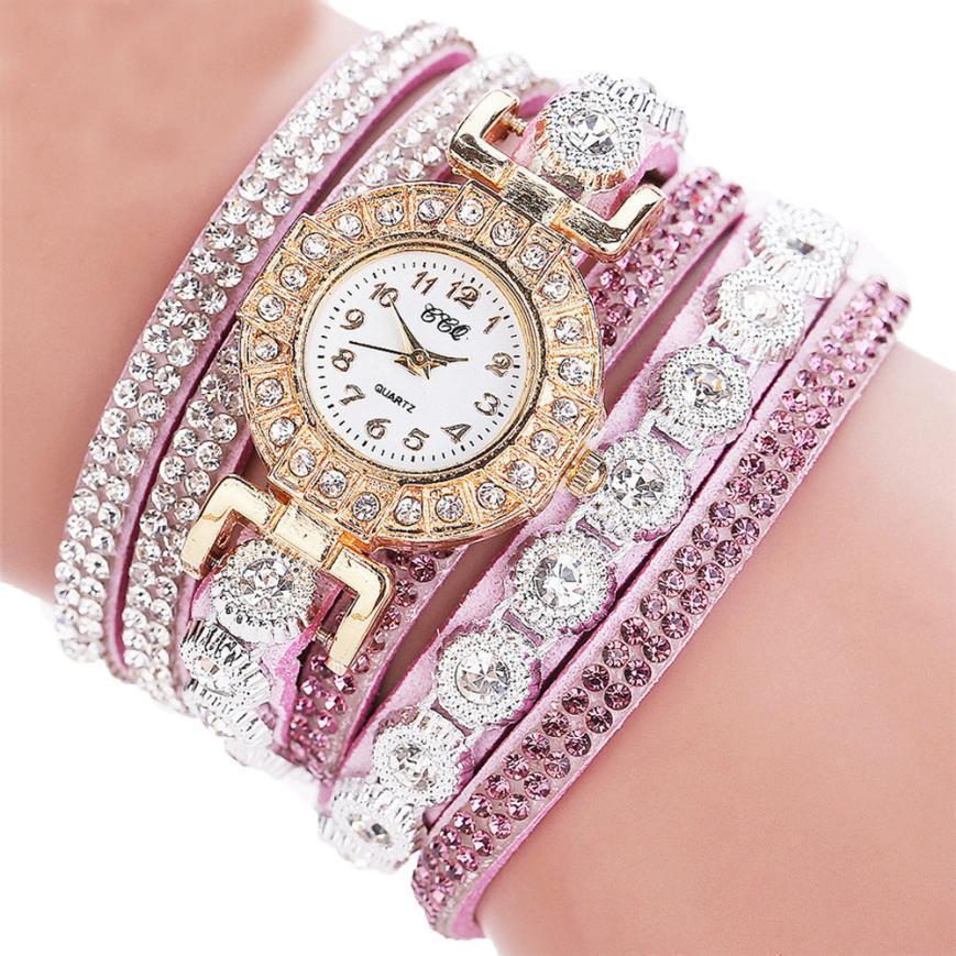 Quartz watch Rhinestone and leather bracelet