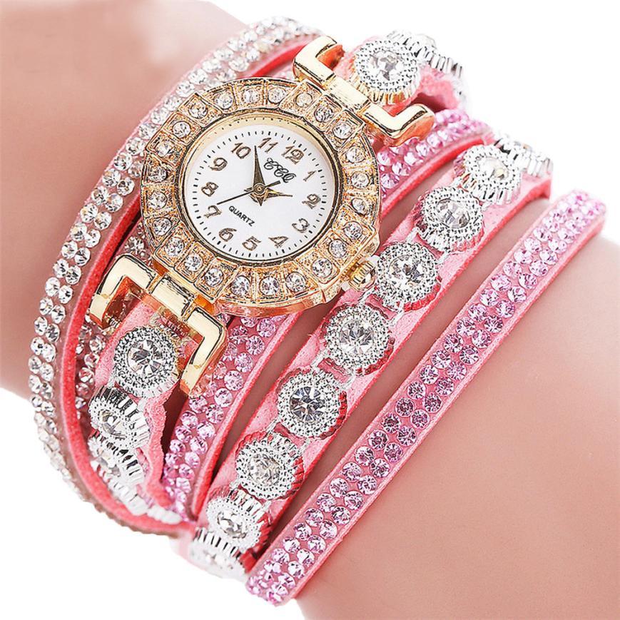 Quartz watch Rhinestone and leather bracelet