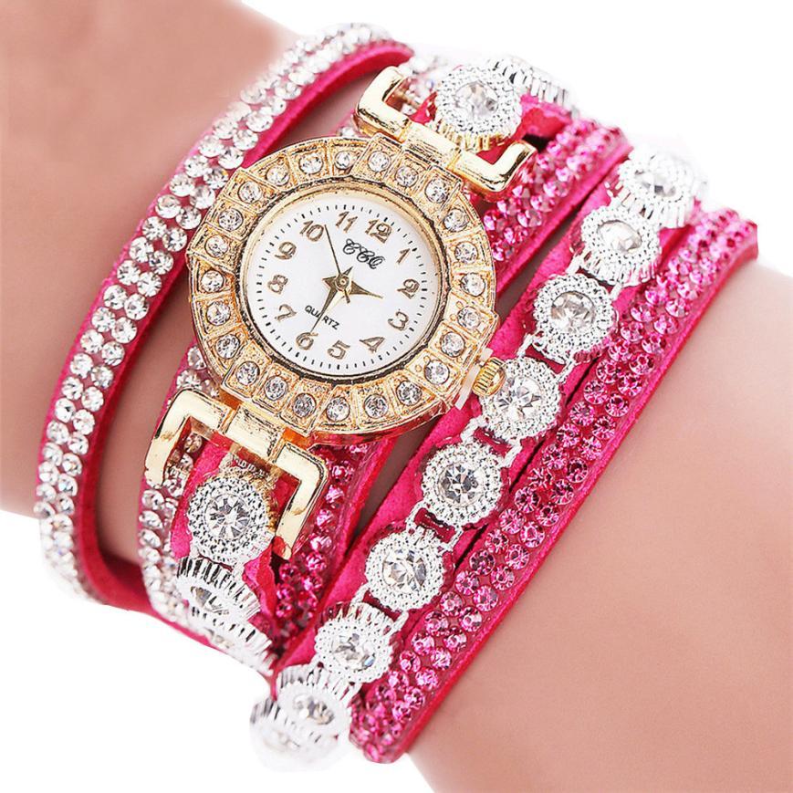 Quartz watch Rhinestone and leather bracelet