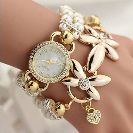 Luxury pearl bracelet elegant flowers quartz rhinestones