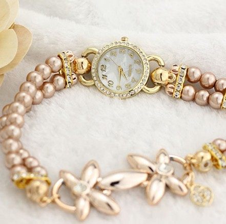 Luxury pearl bracelet elegant flowers quartz rhinestones